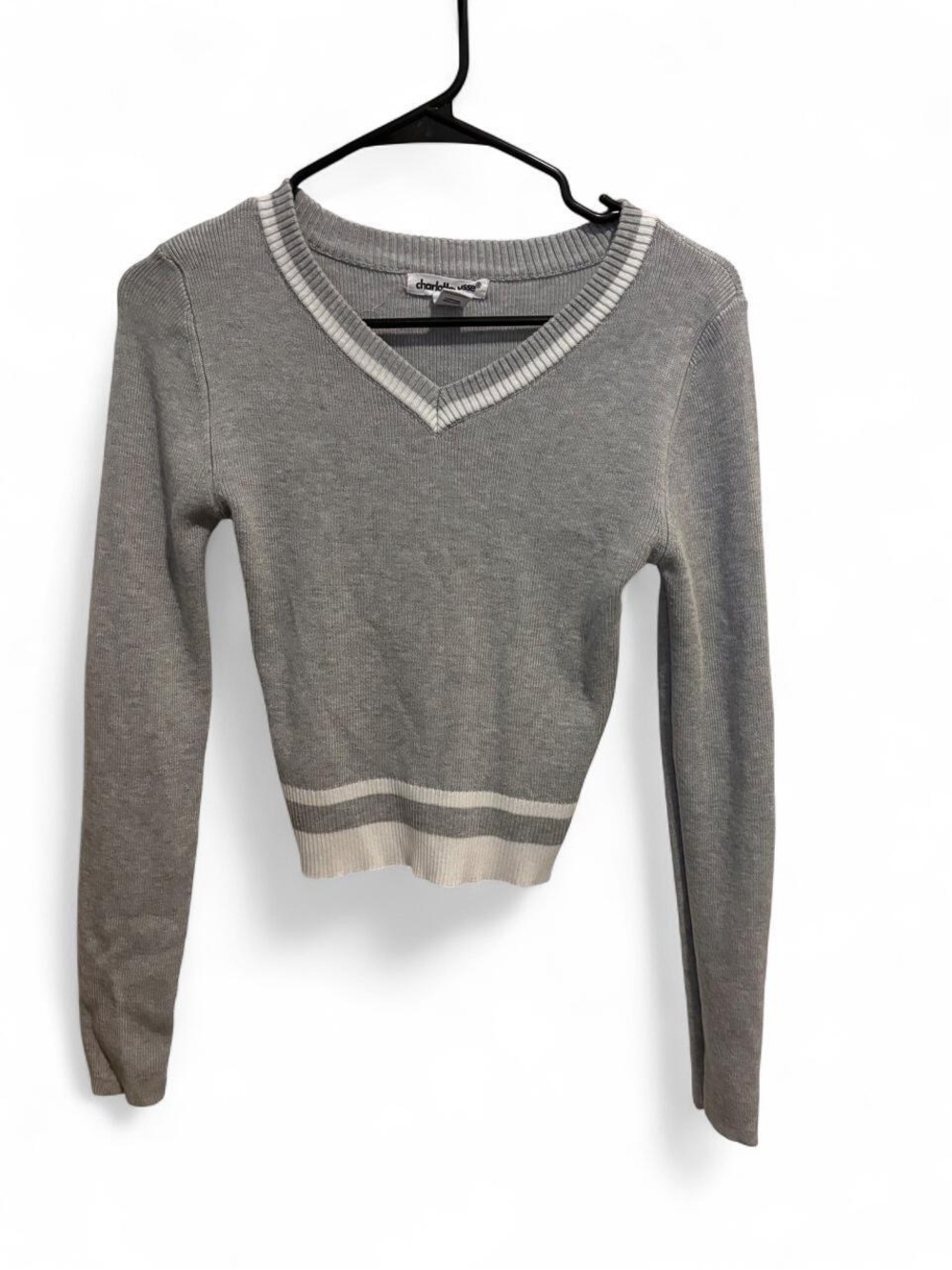 Charlotte Russe Gray V-Neck Sweater with Cream Trim